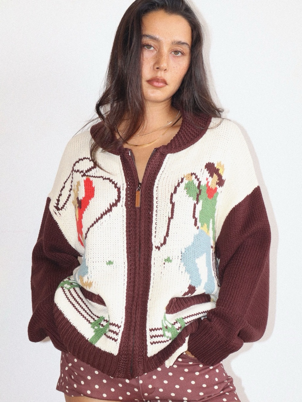 Bailey Rose Vintage Cream/Brown Cowgirl Graphic Cardigan Sweater S